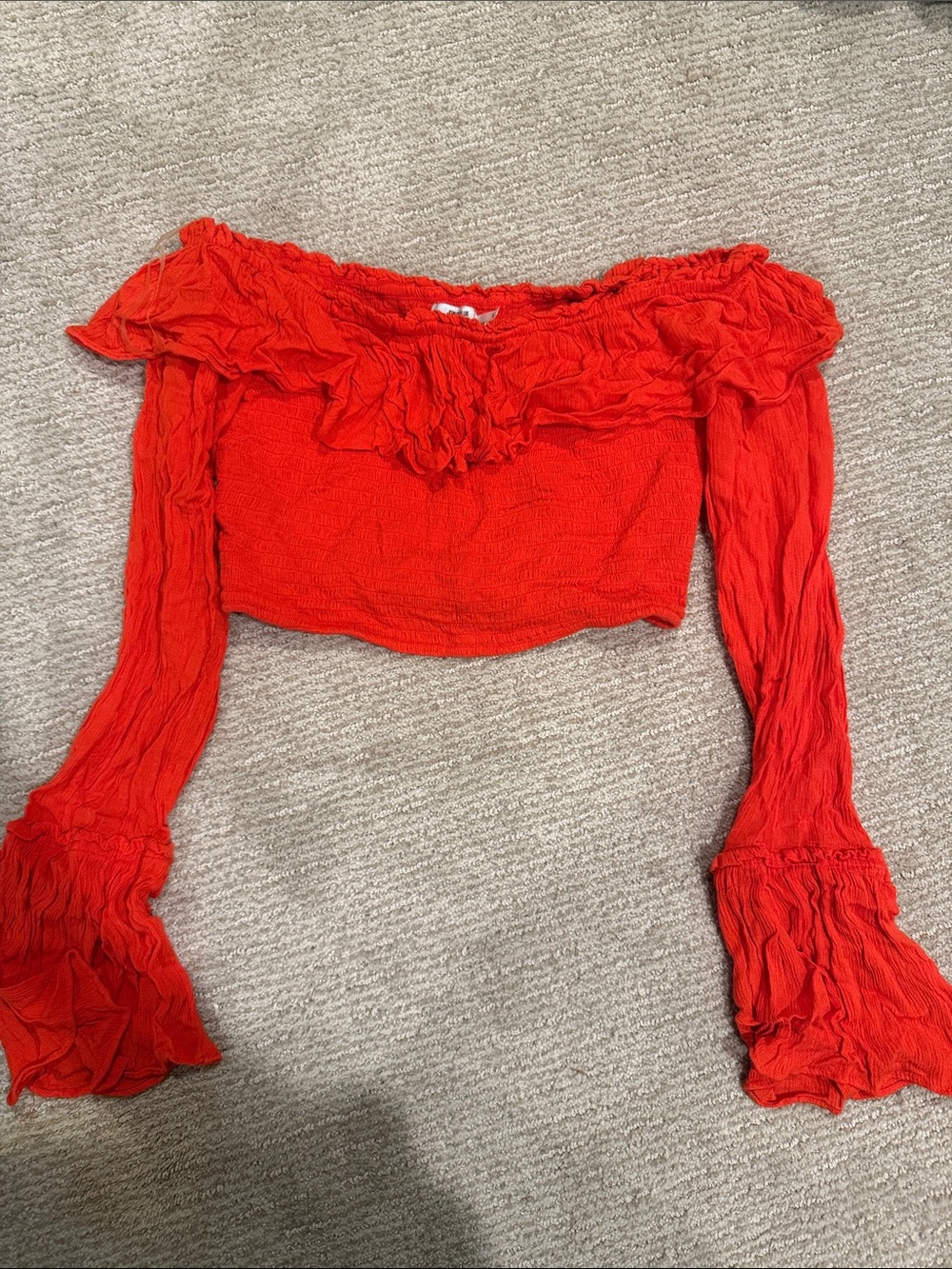 Kimchi Blue Red Off-Shoulder Ruffle Crop Top